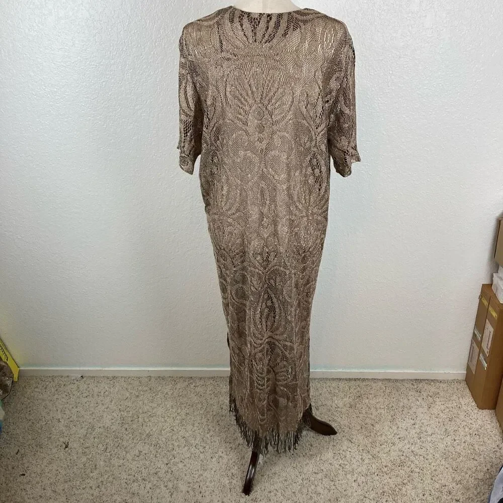 Vintage gold lace crochet short sleeve BoHo art deco fringe maxi long kimono 20*